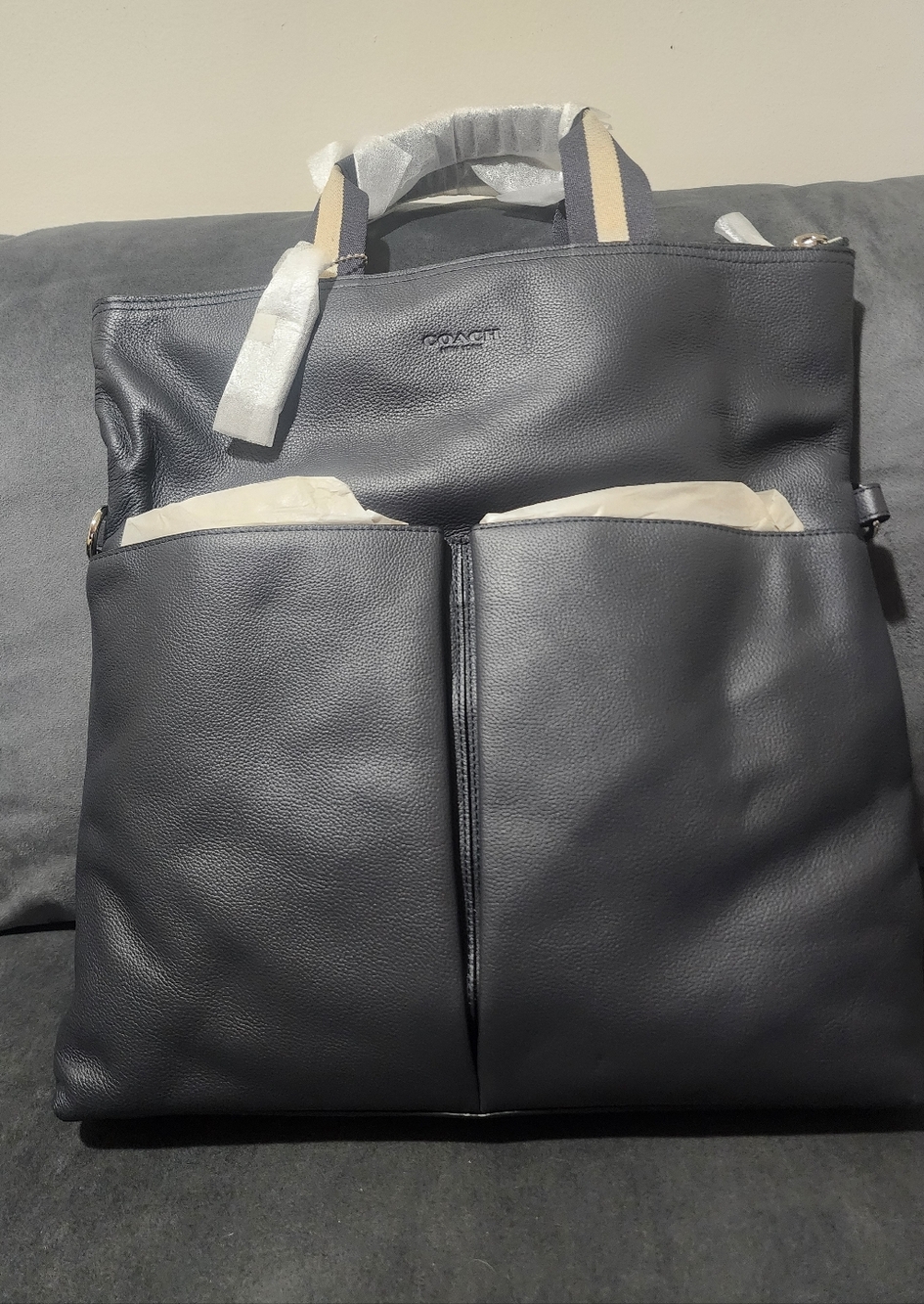 Coach Navy Leather Tote with Contrast Handles
